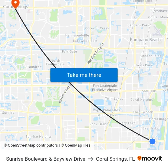 Sunrise Boulevard & Bayview Drive to Coral Springs, FL map