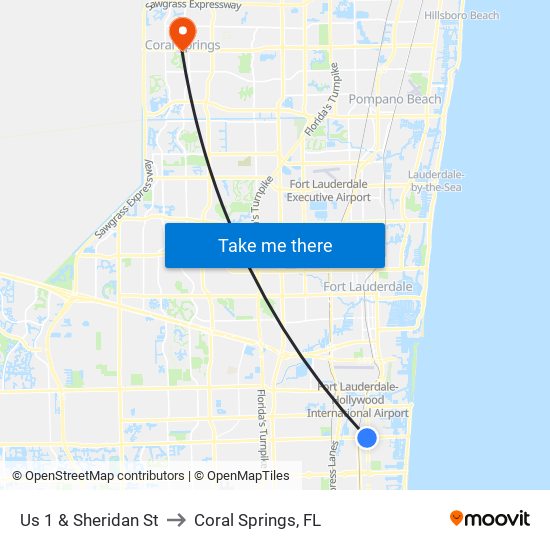 Us 1 & Sheridan St to Coral Springs, FL map