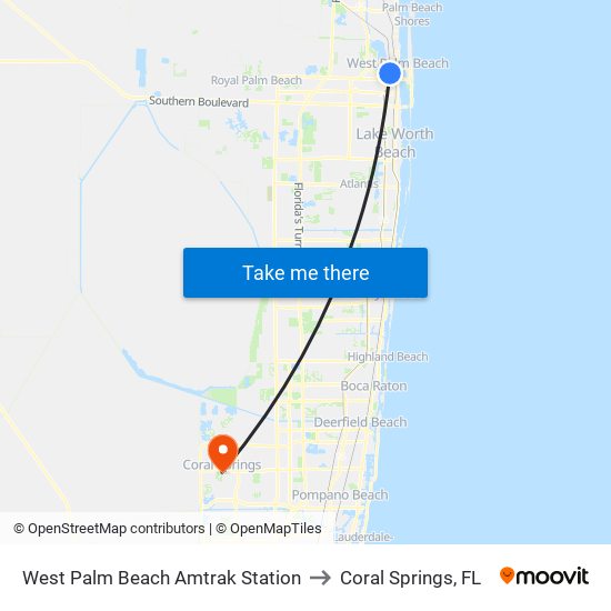 West Palm Beach Amtrak Station to Coral Springs, FL map