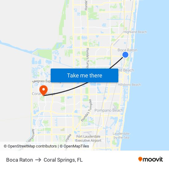Boca Raton to Coral Springs, FL map