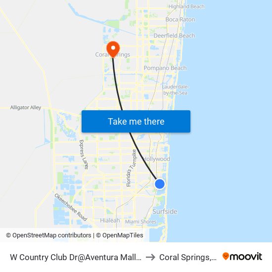 W Country Club Dr@Aventura Mall Ent to Coral Springs, FL map