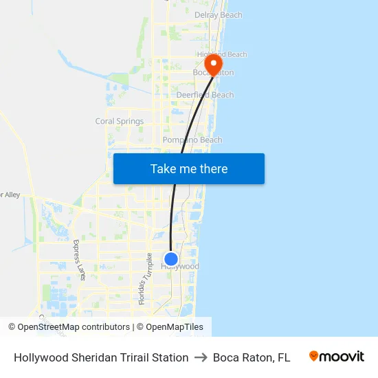 Hollywood Sheridan Trirail Station to Boca Raton, FL map
