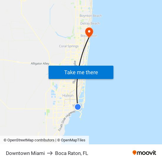 Downtown Miami to Boca Raton, FL map