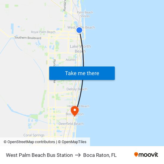 West Palm Beach Bus Station to Boca Raton, FL map