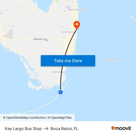 Key Largo Bus Stop to Boca Raton, FL map