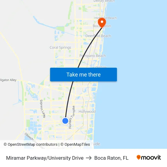 Miramar Parkway/University Drive to Boca Raton, FL map