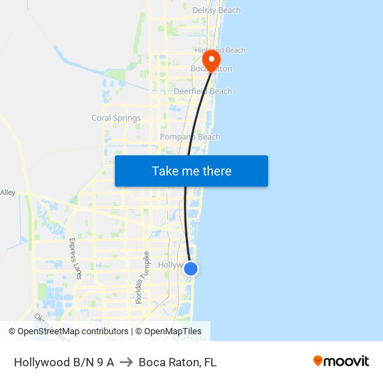 Hollywood B/N 9 A to Boca Raton, FL map