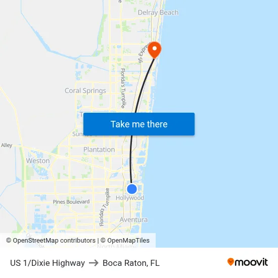 US 1/Dixie Highway to Boca Raton, FL map