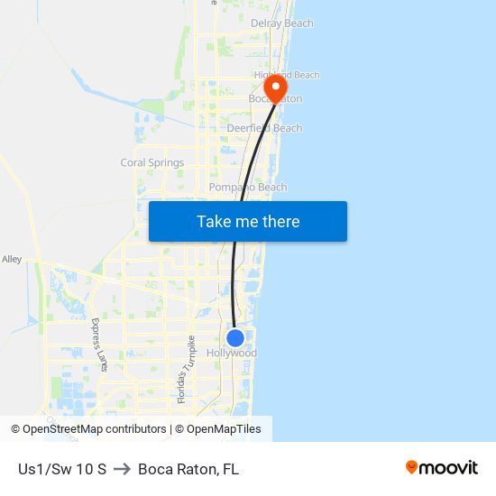 Us1/Sw 10 S to Boca Raton, FL map