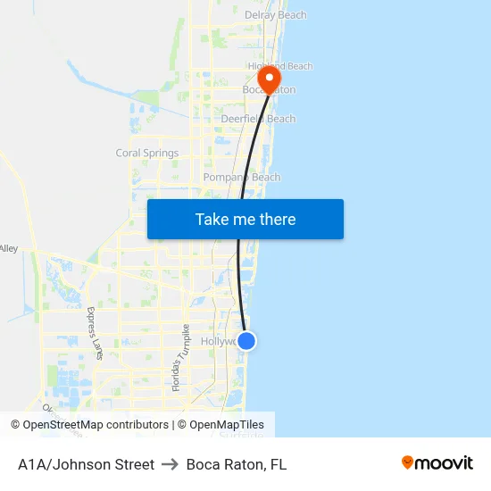 A1A/Johnson Street to Boca Raton, FL map