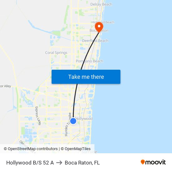 Hollywood B/S 52 A to Boca Raton, FL map