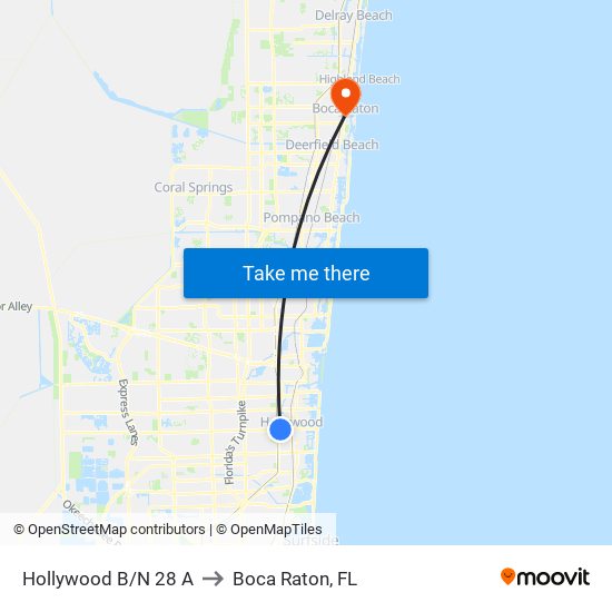 Hollywood B/N 28 A to Boca Raton, FL map