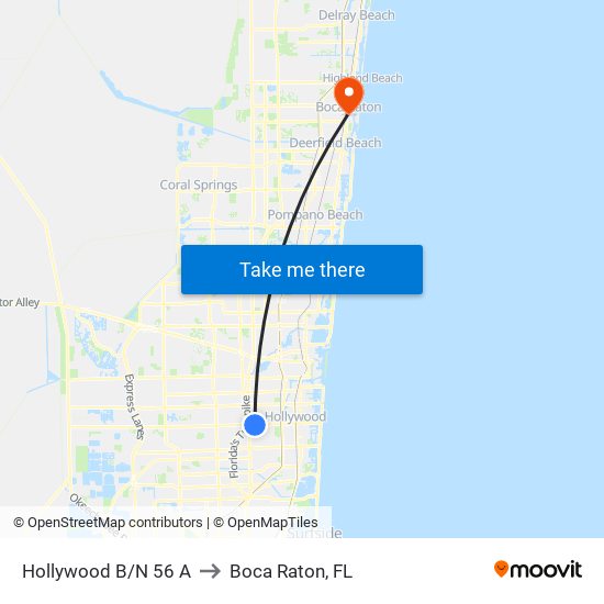 HOLLYWOOD B/N 56 A to Boca Raton, FL map