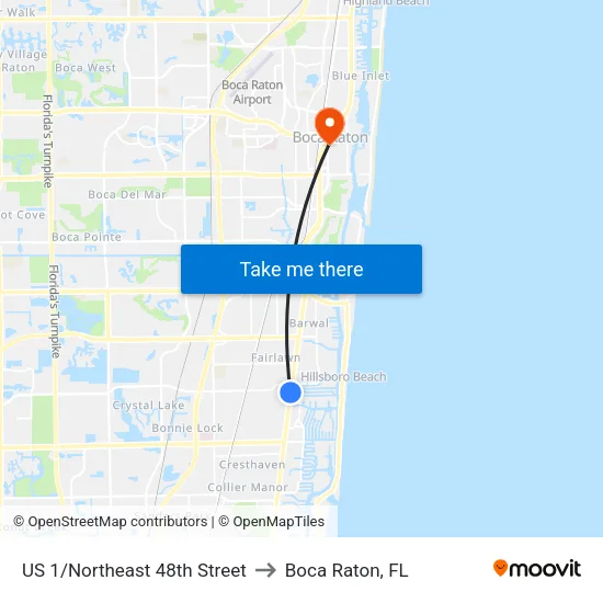 US 1/Northeast 48th Street to Boca Raton, FL map