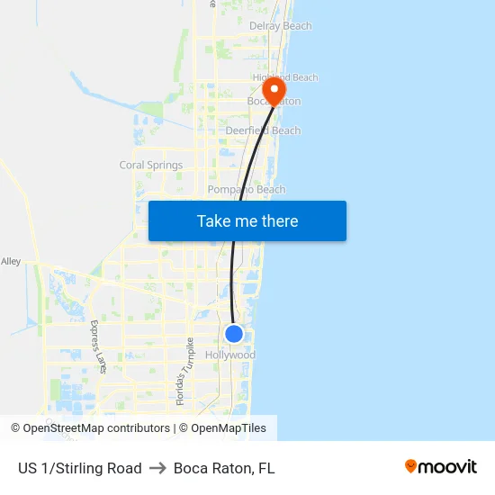 US 1/Stirling Road to Boca Raton, FL map