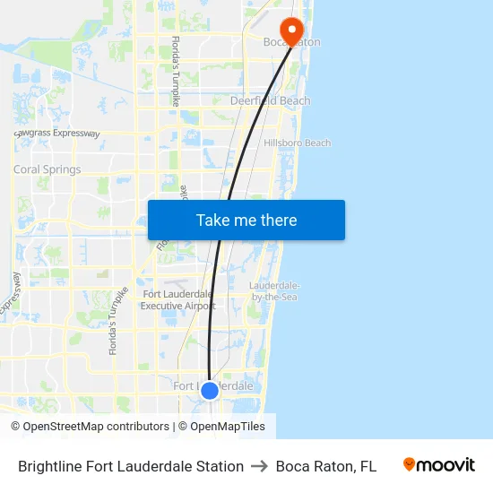 Brightline Fort Lauderdale Station to Boca Raton, FL map