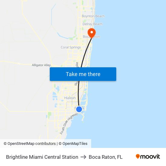 Brightline Miami Central Station to Boca Raton, FL map