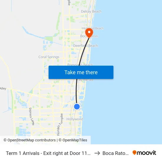 Term 1 Arrivals - Exit right at Door 114 - Zone B to Boca Raton, FL map