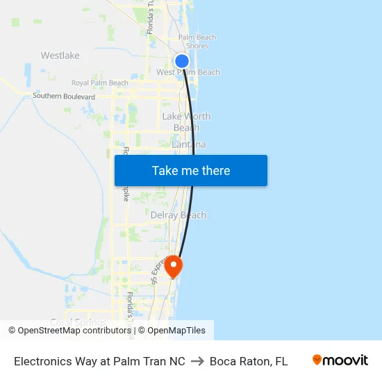 Electronics Way at Palm Tran NC to Boca Raton, FL map
