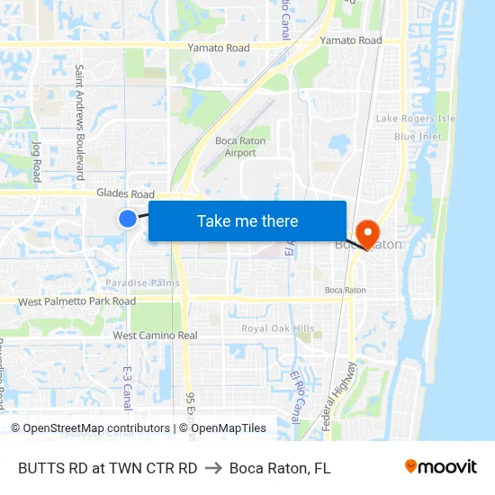 BUTTS RD at TWN CTR RD to Boca Raton, FL map