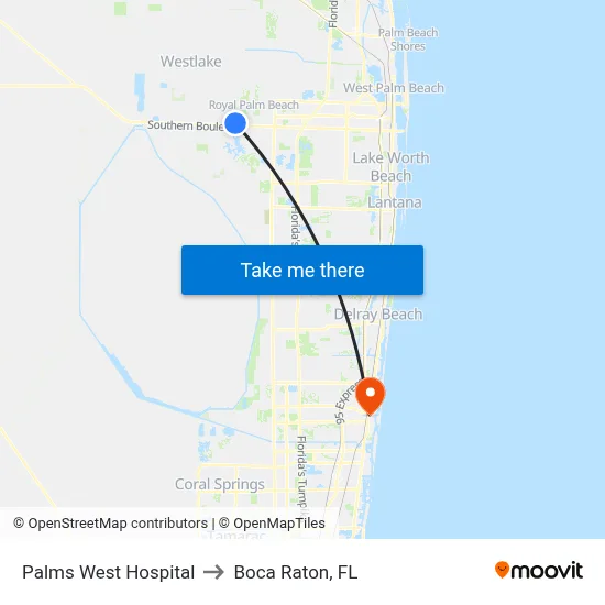 Palms West Hospital to Boca Raton, FL map