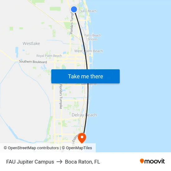 FAU Jupiter Campus to Boca Raton, FL map