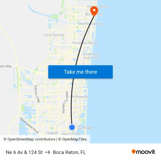 Ne 6 Av & 124 St to Boca Raton, FL map