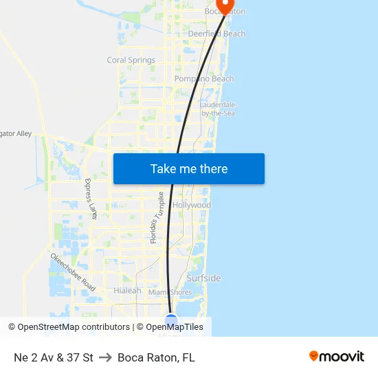 Ne 2 Av & 37 St to Boca Raton, FL map