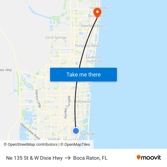 Ne 135 St & W Dixie Hwy to Boca Raton, FL map