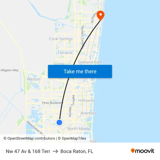 Nw 47 Av & 168 Terr to Boca Raton, FL map