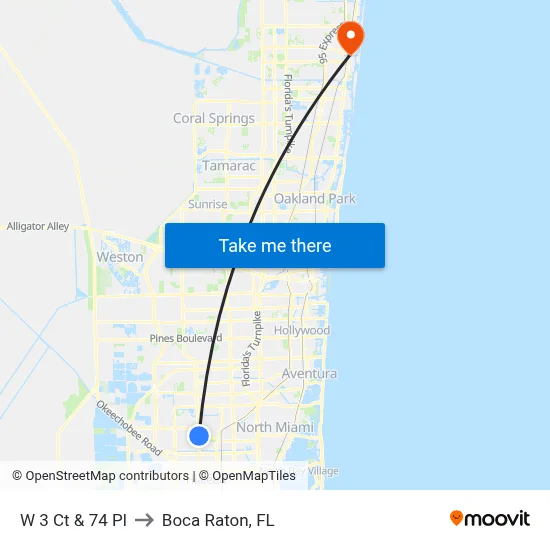 W 3 Ct & 74 Pl to Boca Raton, FL map