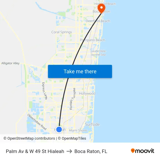 Palm Av & W 49 St Hialeah to Boca Raton, FL map