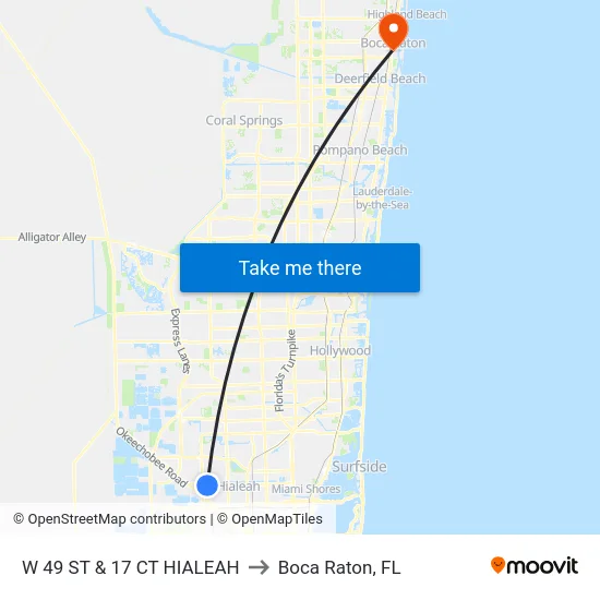 W 49 ST & 17 CT HIALEAH to Boca Raton, FL map