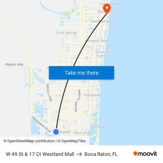 W 49 St & 17 Ct Westland Mall to Boca Raton, FL map