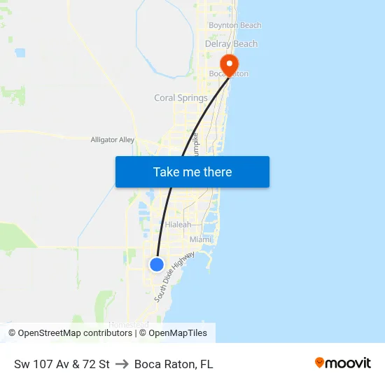 Sw 107 Av & 72 St to Boca Raton, FL map