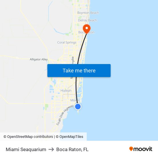 Miami Seaquarium to Boca Raton, FL map