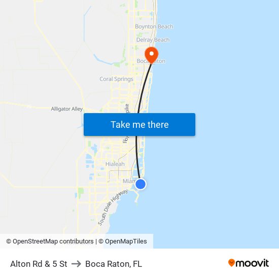 Alton Rd & 5 St to Boca Raton, FL map