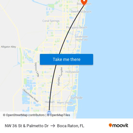 NW 36 St & Palmetto Dr to Boca Raton, FL map