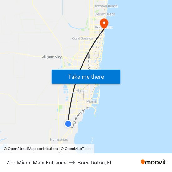 Zoo Miami Main Entrance to Boca Raton, FL map