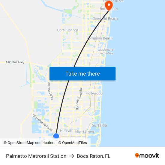 Palmetto Metrorail Station to Boca Raton, FL map