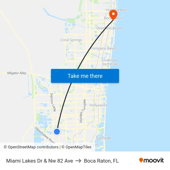 Miami Lakes Dr & Nw 82 Ave to Boca Raton, FL map