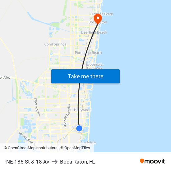 NE 185 St & 18 Av to Boca Raton, FL map