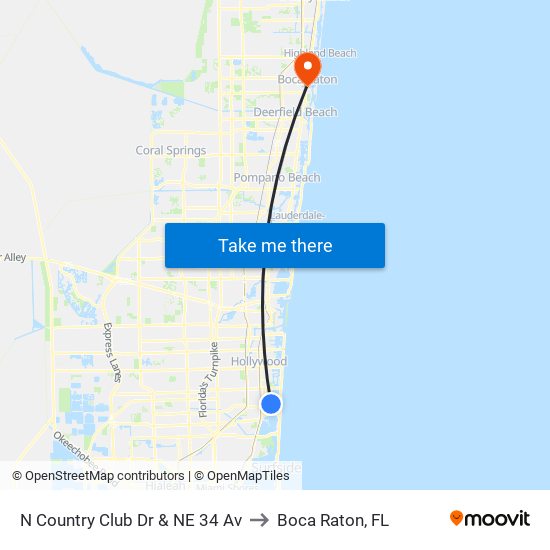 N Country Club Dr & NE 34 Av to Boca Raton, FL map