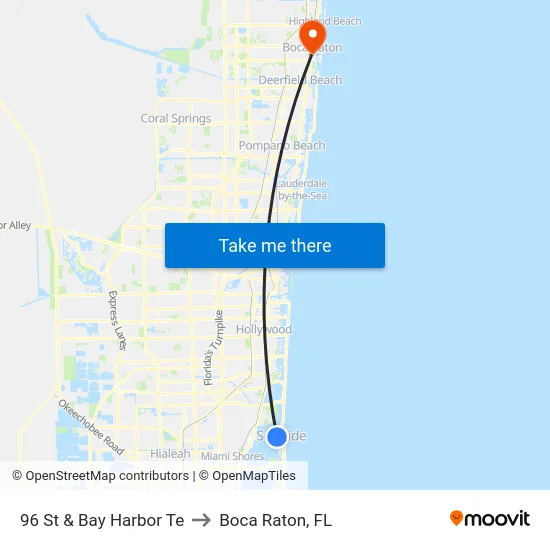 96 St & Bay Harbor Te to Boca Raton, FL map