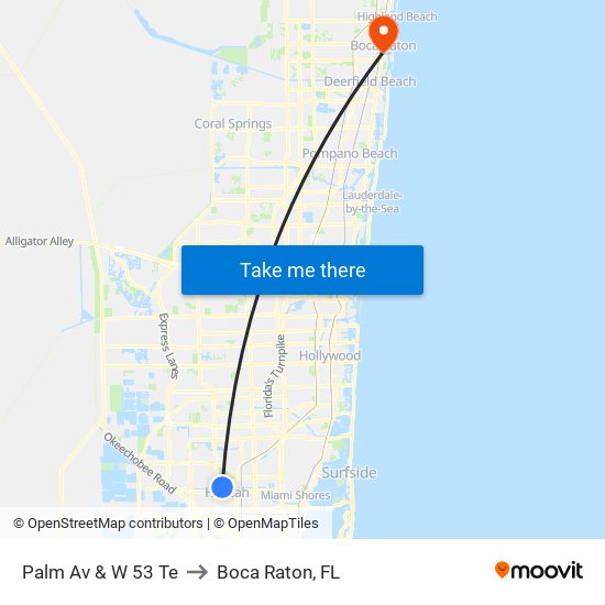 Palm Av & W 53 Te to Boca Raton, FL map