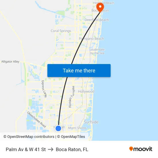 Palm Av & W 41 St to Boca Raton, FL map