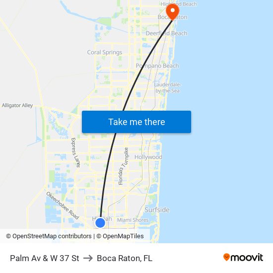 Palm Av & W 37 St to Boca Raton, FL map