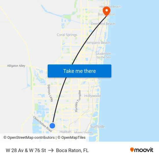 W 28 Av & W 76 St to Boca Raton, FL map