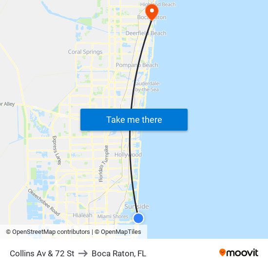 Collins Av & 72 St to Boca Raton, FL map