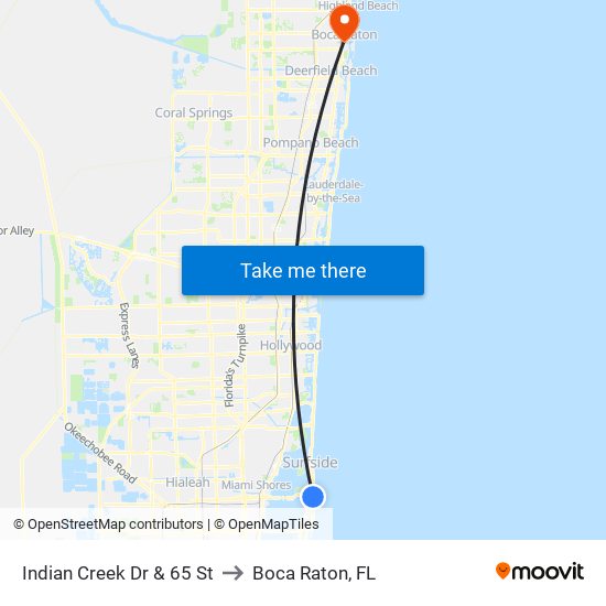 Indian Creek Dr & 65 St to Boca Raton, FL map